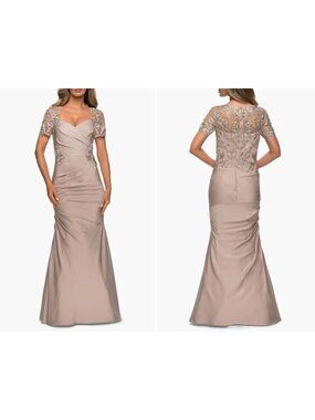 New La Femme Women's Size 6 Satin Evening Dress with Lace Scoop Neck *Defect*